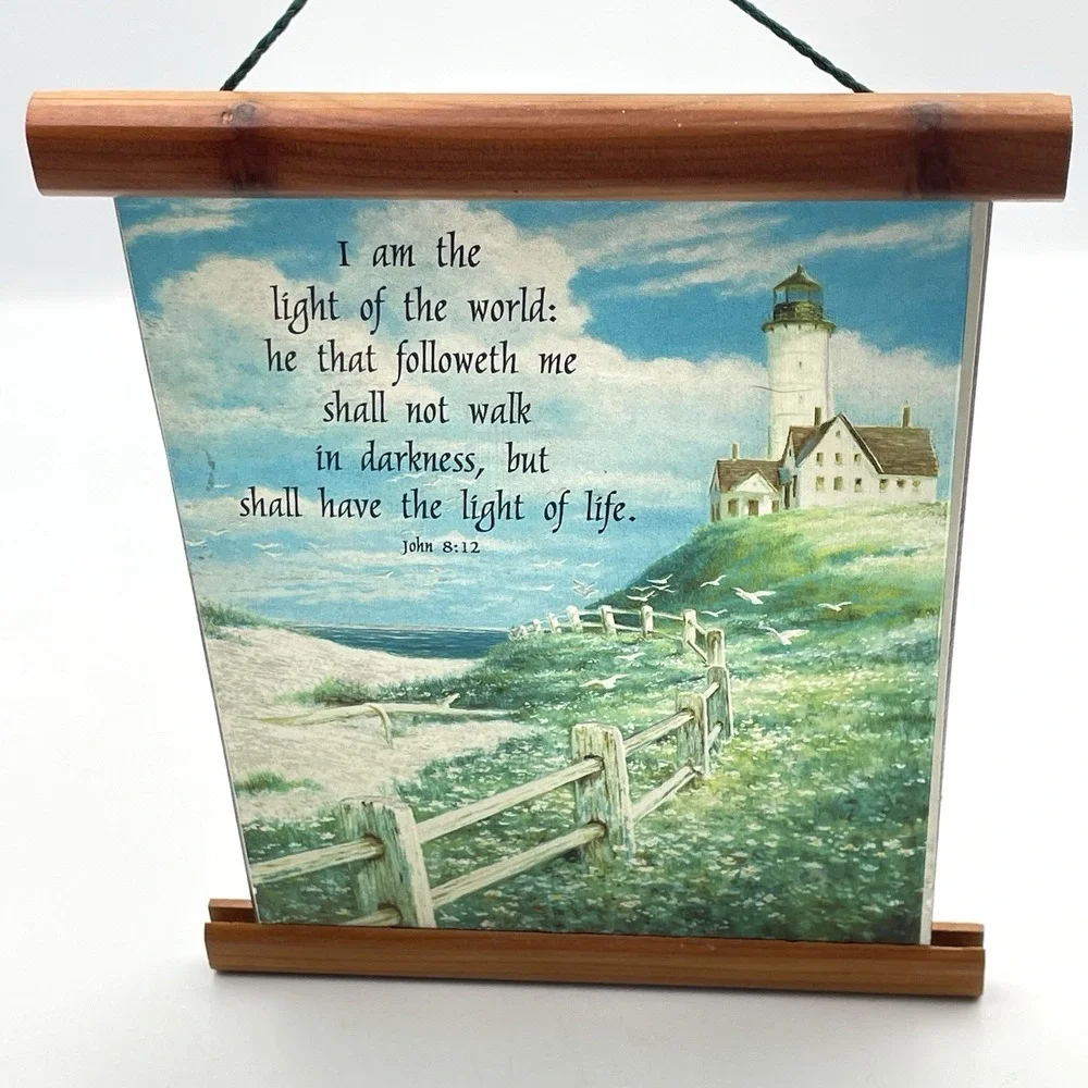 Vintage 1980s Christian Lighthouse Wall Hanging John 8:12 Foil‎ Art Plaque 9x7